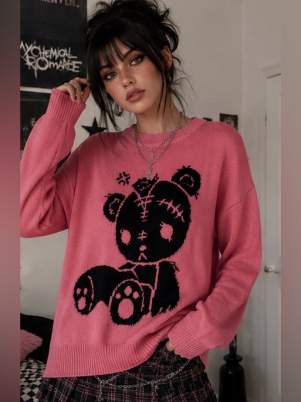 ROMWE Pink Distressed Teddy Bear Emo Grunge Sweater Size Large